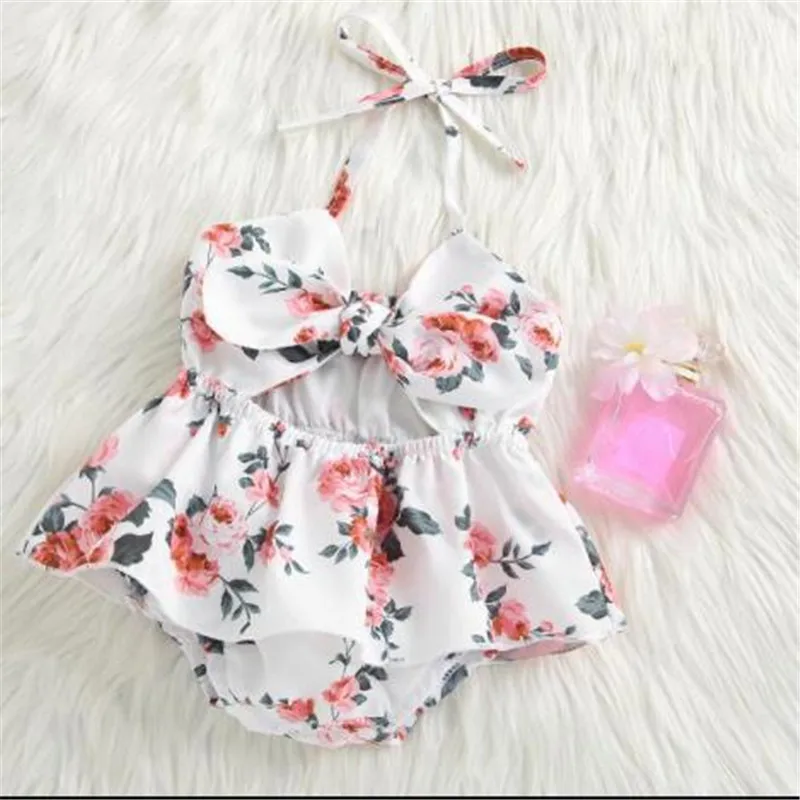

Baby Floral Print Short Romper Girls Sleeveless Hollow Out Sling Jumpsuit with Bow-knot for Summer Toddler Infant 0-24 Months