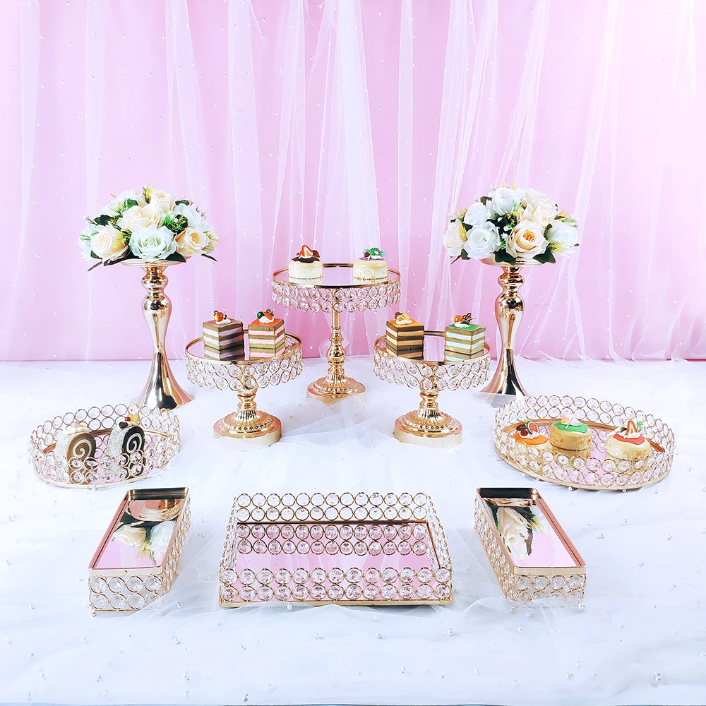 Conjunto de soporte de pastel de plata con cristal dorado, decoraci&oacute;n de magdalenas de metal con base de postre para fiesta, expositor de pastel, nuevo estilo-2