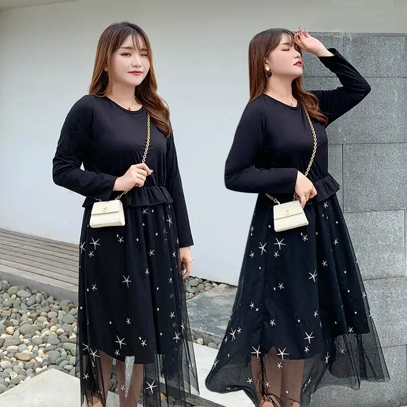 Женское платье в Корейском стиле черное Сетчатое большого размера с принтом