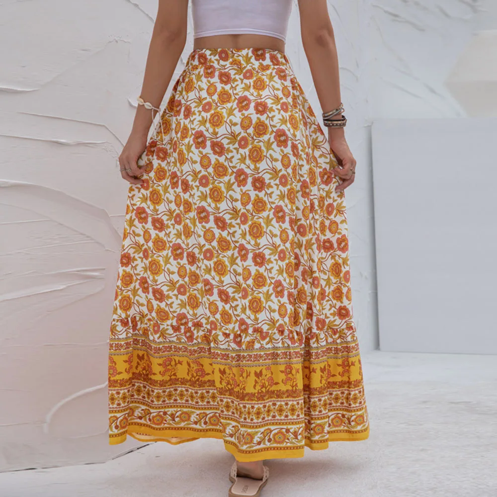 

ZITY Summer Women Clothing High Waist Printed Buttoned Skirt Casual Fashion Empire Long Skirt Slit Boho Print Beach Skirts