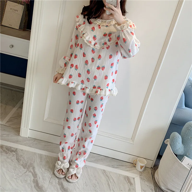 Осенний пижамный комплект из чистого хлопка с длинными рукавами кружевные милые