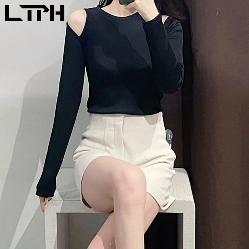 

LTPH Korean fashion knitting black women t-shirt O-Neck hollow strapless long sleeve tops all-match casual shirt 2021 autumn new