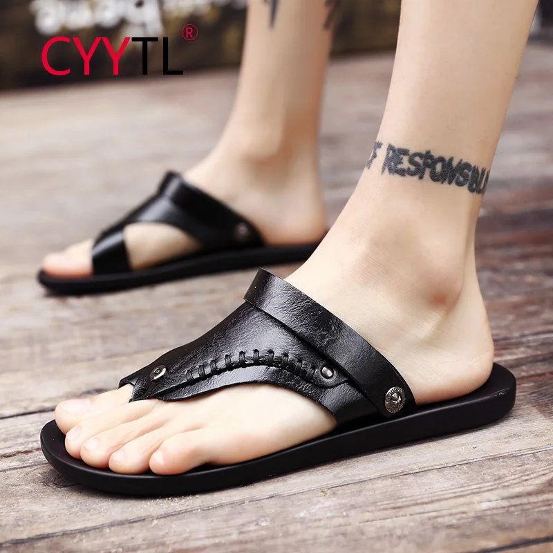 

CYYTL Men's Flip Flops Leather Soft Comfort Casual Slide Sandals Slides for Sport Outdoor Beach Slippers Wide Strap Shoes