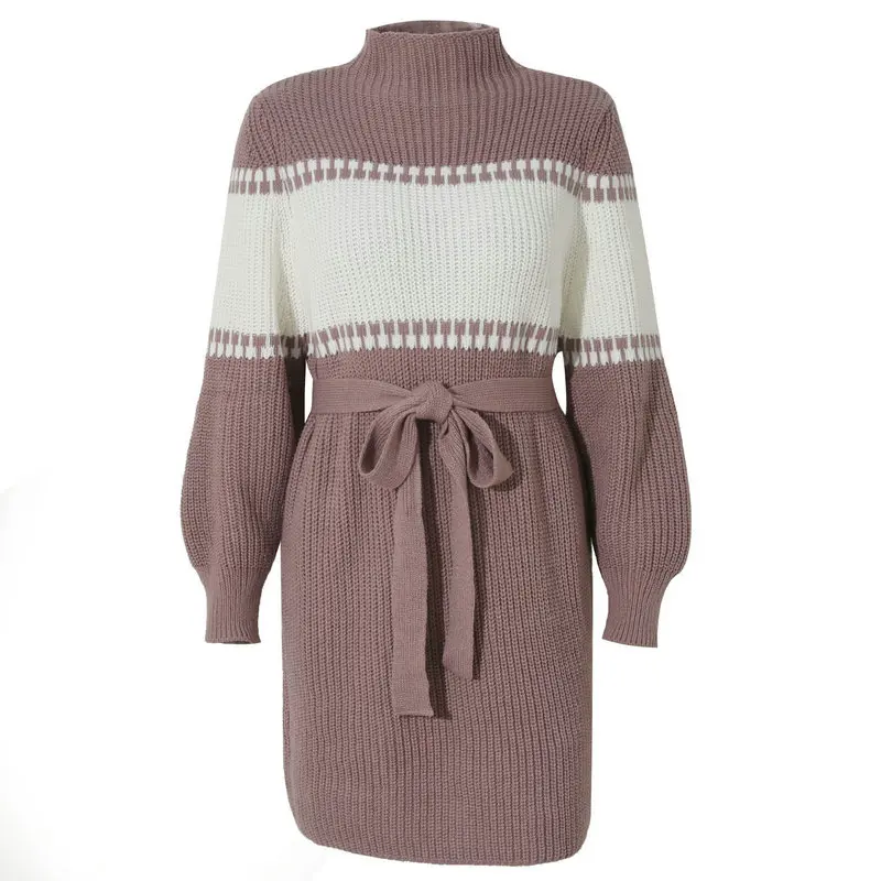 

S2 CITYLIFE European And American Long-Sleeved Casual Color-Blocking Half-High Neck Knitted Sweater Dress