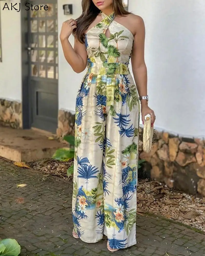 Крест накрест с лямкой на шее Цветочный принт Комбинезоны для женщин широкими