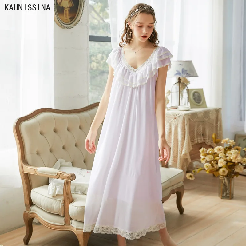 

Summer Sexy Nightgown Women V-neck Long-sleeved Sweet Lace Palace Princess Long Dress Sleepwear Fashion Plus Size Loose Lingerie