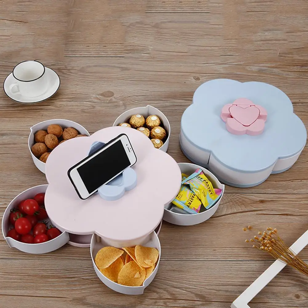 Вращающаяся коробка для закусок с лепестками цветов розовая/синяя двойная