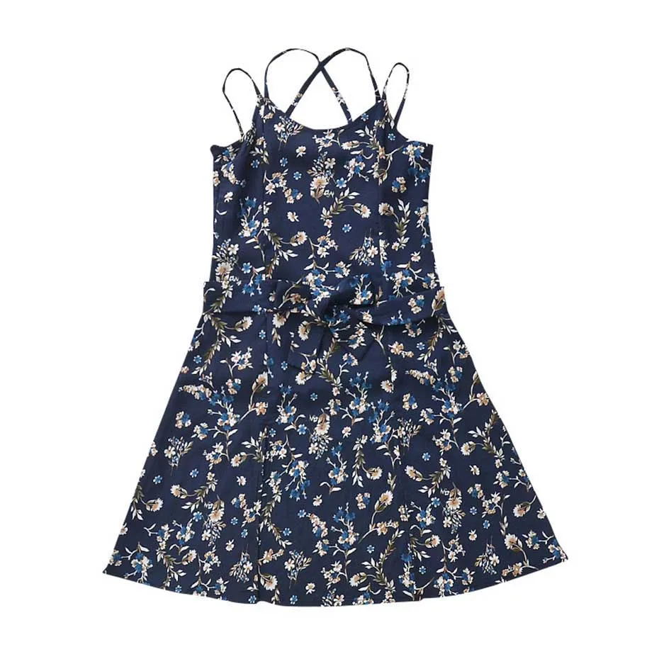 Летнее платье для девочек Платье на бретелях с цветочным принтом Обтягивающие
