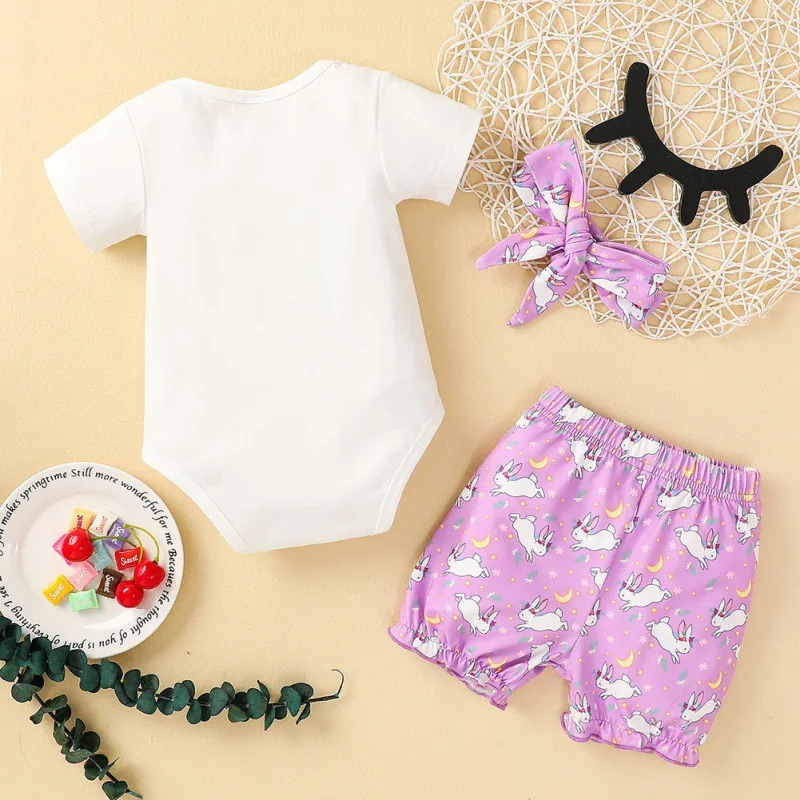 

Summer Newborn Infant Baby Girl Ruffled Short Sleeve Easter Pattern Romper Tops Shorts Headband Outfits Clothes 1-18M