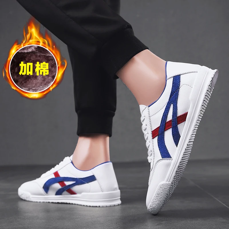 

Microfiber Leather Men Shoes Winter Plus Cotton Warm Shoes Color Matching Casual Shoes Comfortable Lace-up Campus White Shoes