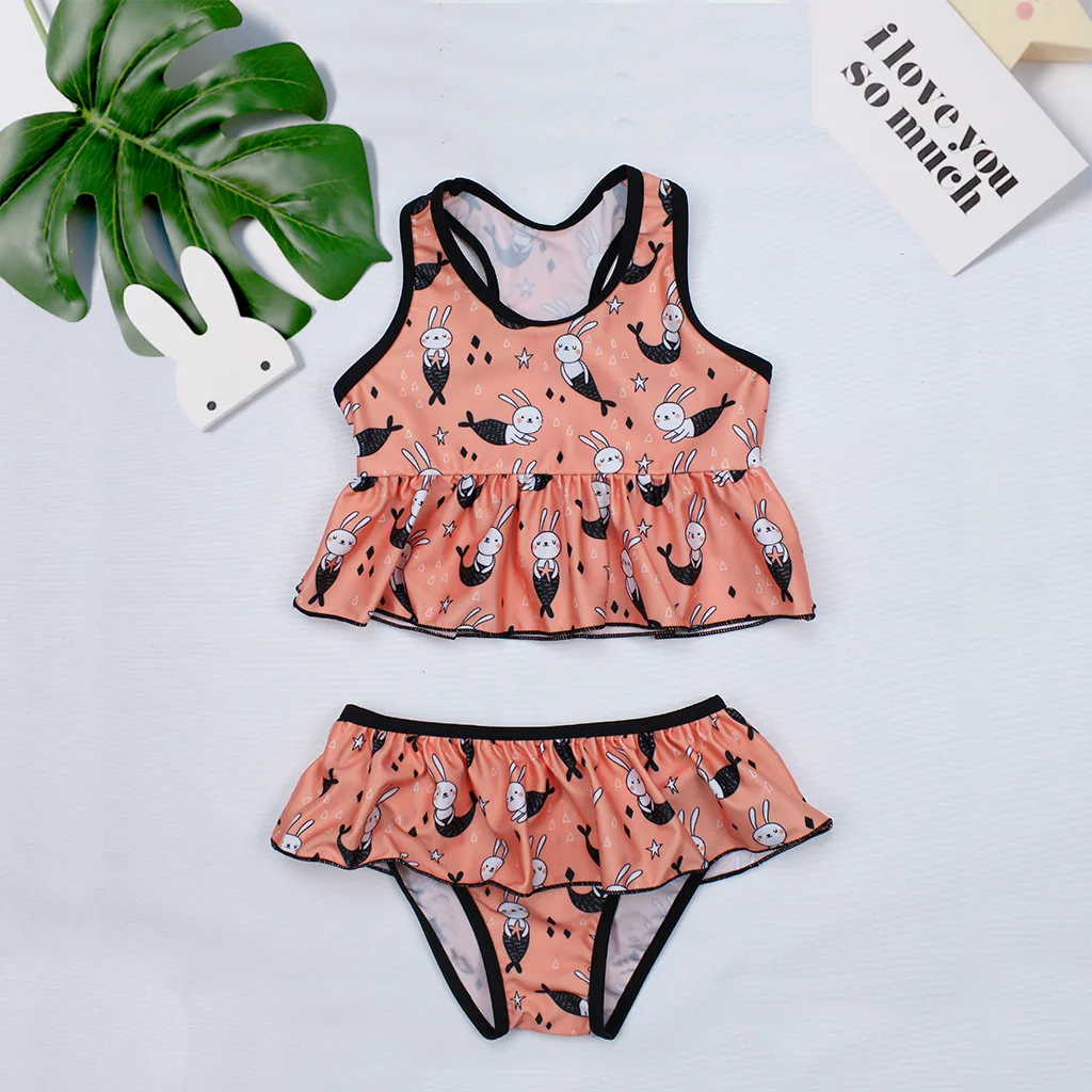 

2021 Summer New Girl's Swimsuit Cartoon Print Split Ruffled Children's Swimwear