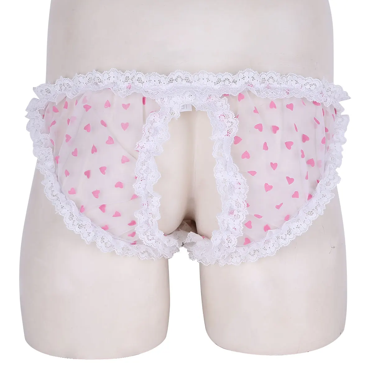 

Pink Mens Lingerie Sissy Open Crotch Briefs Underwear Ruffled Lace Trim Sweat-heart Pattern See Through Erotic Sexy Panties