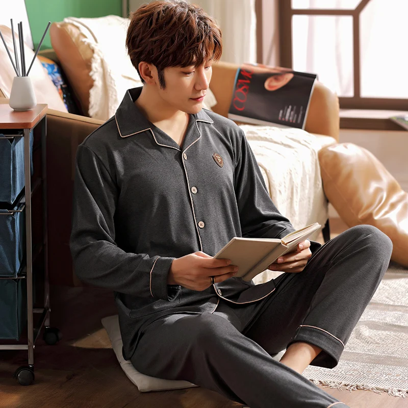 New autumn and winter long-sleeved men's pajamas, pure cotton lapel solid color casual cotton plus size