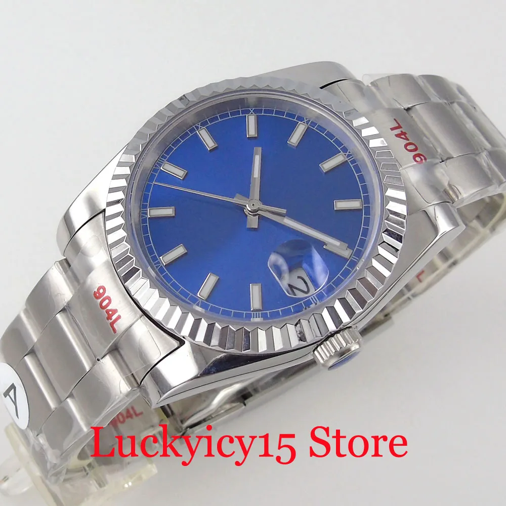 

BLIGER 36mm/39mm Blue MIYOTA 8215 Automatic Men Watch Fluted Bezel Date Glide Lock Steel Oyster Strap Baton Hand agnifier