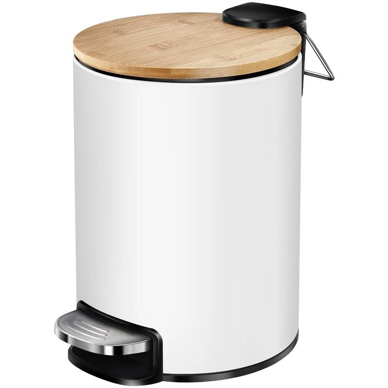 

HOT-Stainless Steel Trash Can with Bamboo Lid 3L Step-on Garbage Container Trash Bin for Kitchen Bathroom Bedroom White