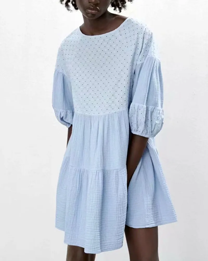 

Женское свободное платье принцессы ZA, синее милое платье с вышивкой, круглым вырезом и рукавами-фонариками, летнее платье с вышивкой, 2019