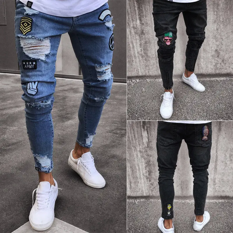 

Hot Vogue Mens Skinny Jeans Rip Slim Fit Stretch Denim Distress Frayed Biker Scratchted Hollow Out Long Jeans Boy Zone