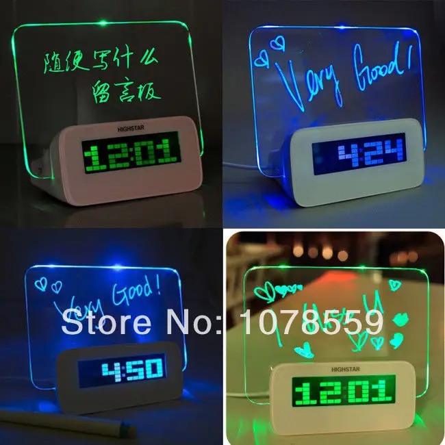 

Free Shipping Blue/Green LED Fluorescent Message Board Digital Alarm Clock Hub Calendar Night light 4 USB Port