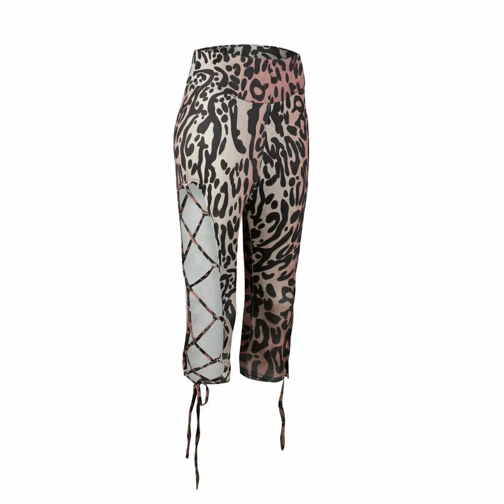 

2019 Newest Hot High Waist Knee Length Hollow Out Fitness Leggings Womens Gym Workout Push Up Trousers Leopard Printed Pants