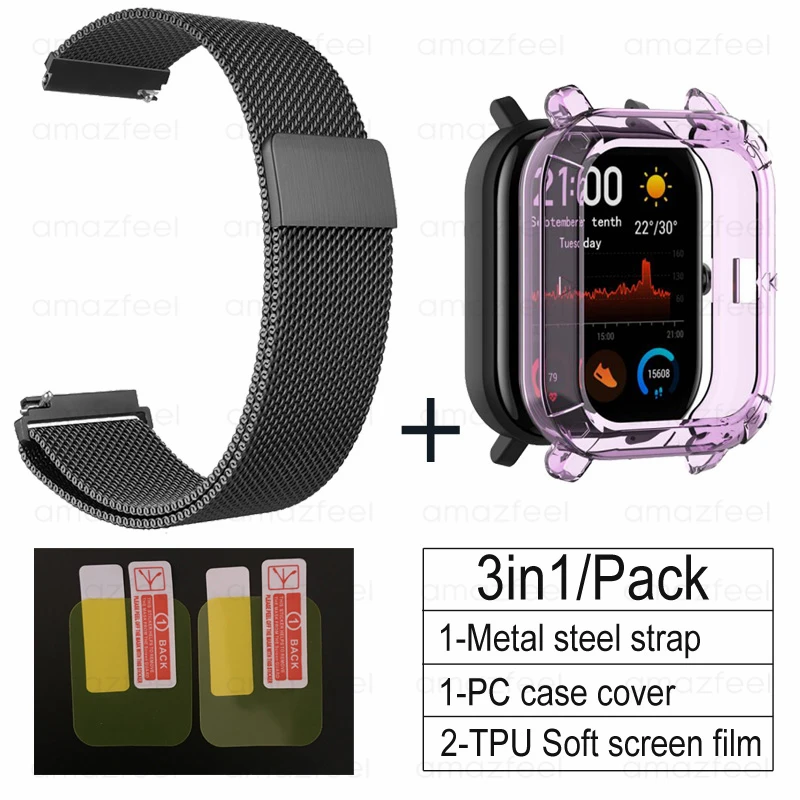 black-purple 3в1 Для Amazfit GTS ремешок+ ТПУ чехол для Huami Amazfit gts Smartwatch Защитная пленка для экрана браслет ремешок на запястье - Цвет: black-purple
