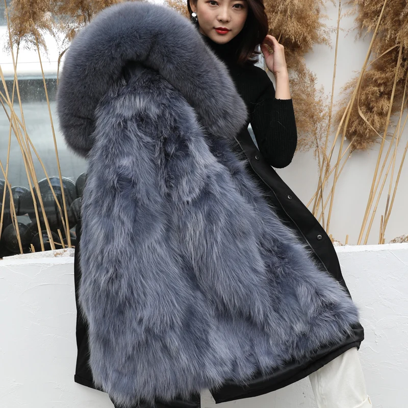 2020 New Fashion Winter Women's Real Fur Coats Plus Size Hat Parkas Detachable Fur Liner Middle Long Female Jackets Casual