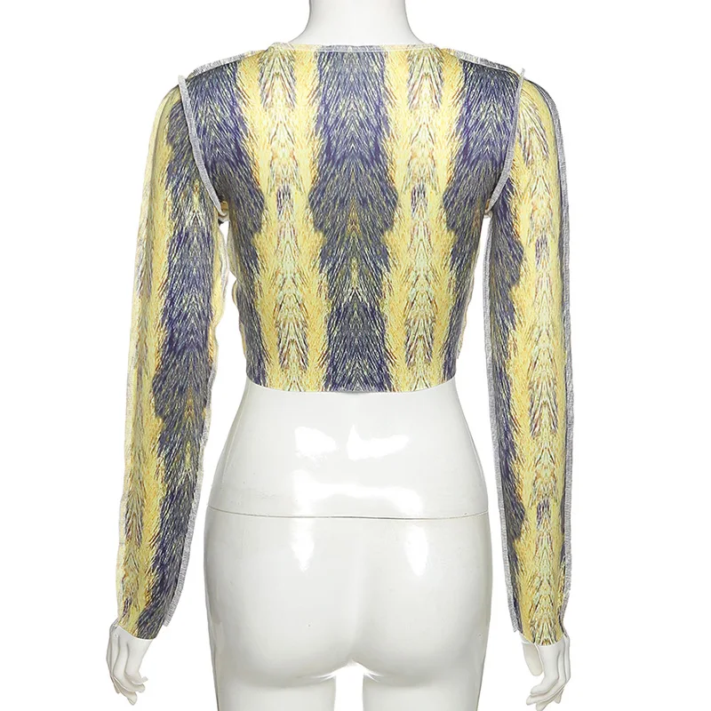 

hirigin Street Style Sexy Graphic Tees Yellow Printed Lace Up Hollow Out Long Sleeve T Shirts for Women Crop Top