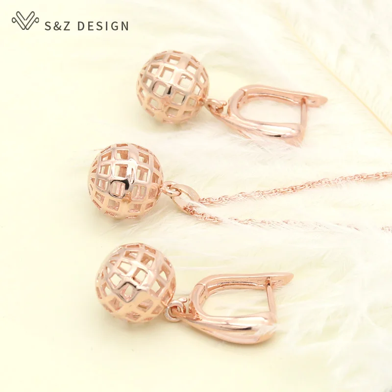 S &amp Z дизайн Европейский Американский полый шар 585 розовое золото висячие серьги