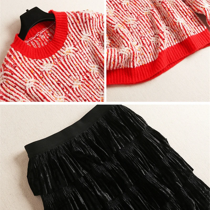 

Fashion Long leeve Loose Pullover Sweater and Layered Cake Velvet Skirt Suit Set 2019 New Fall Winter Women 2Piece Clothing Set