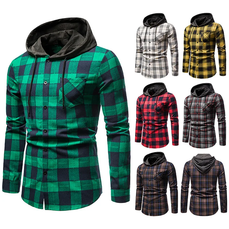 Мужская Фланелевая рубашка с капюшоном длинным рукавом | одежда