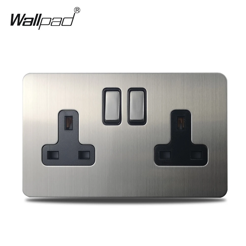 H6 UK DP Double Pole 2 Gang 13A Wall Socket Dual Electric Outlet Brushed Silver Stainless Steel Panel BS1363 | Обустройство дома