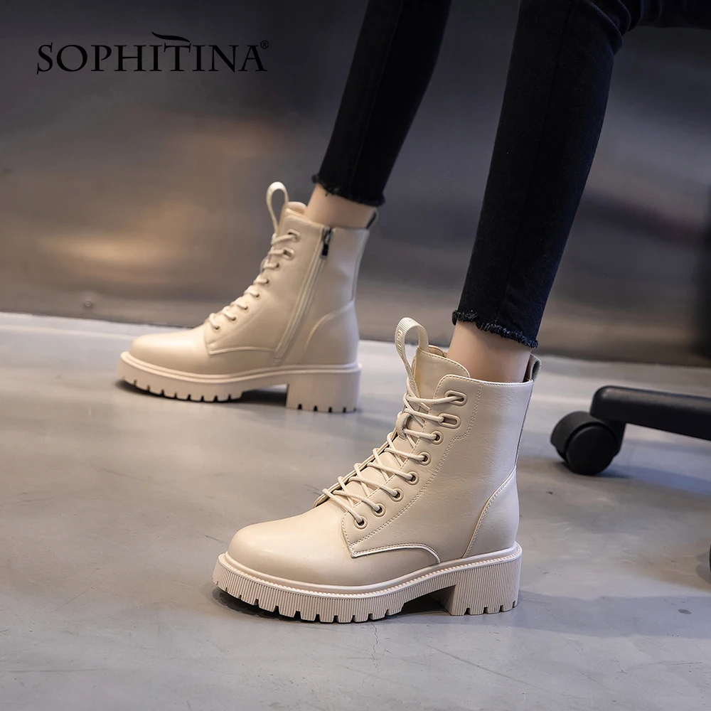 

SOPHITINA Fashion Modern Boots Genuine Leather Square Heel Round Toe Zipper Shoes Convenient Lace-up Office Lady Shoes NO225