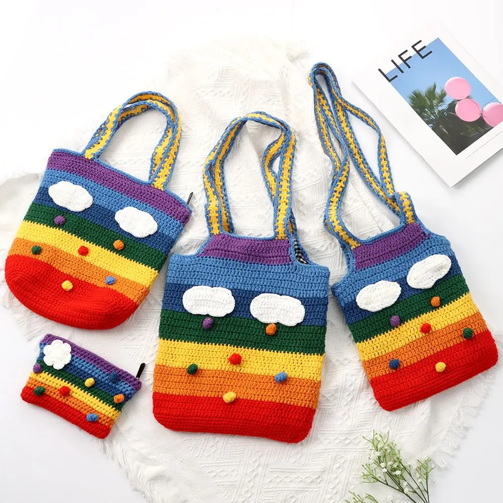 

Новый дизайн 2022, вязаные радужные цвета, женские сумки на плечо, Классическая большая сумка для покупок, повседневные женские сумки, большая...