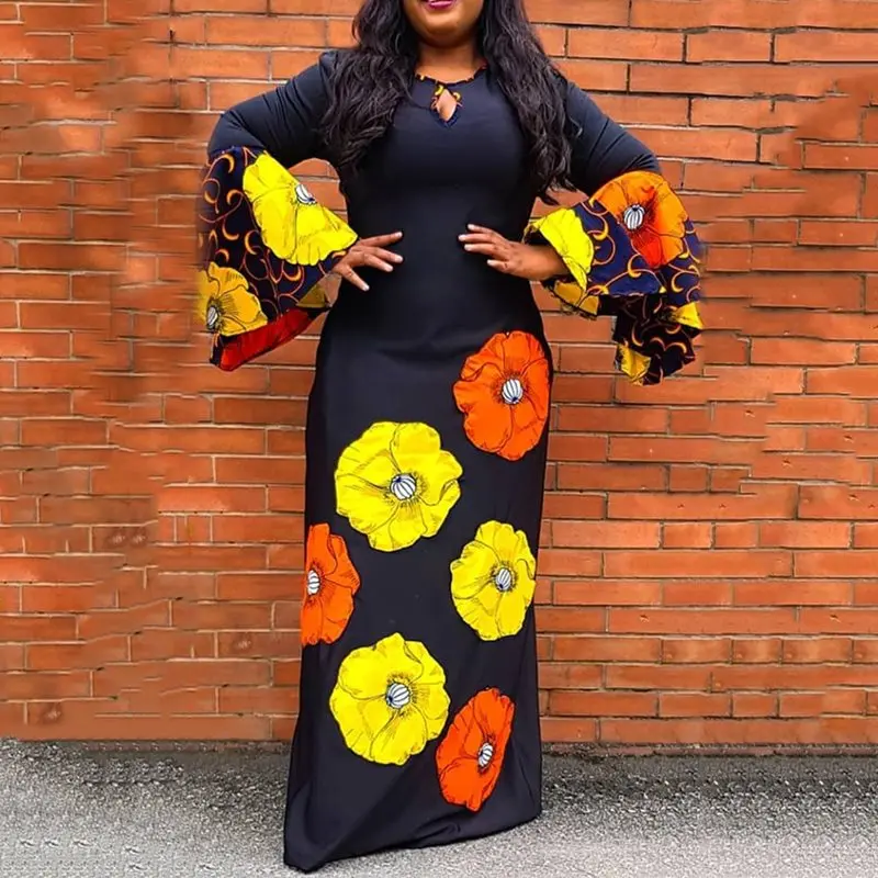 

African Loose Women Plus Size Flare Sleeve Floral Print A-Line Dress Long Maxi Female Dresses Robe Vestiods Elegant Casual Large