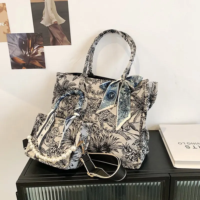 

2021 New Shoulder Bags Large Capacity Pearl Canvas Bag Women Handbags Fashion Crossbody Bag Printed Shopping Bag Bolsas Feminina