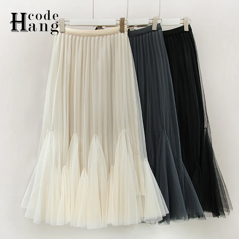 

HangCode Fashion Mesh Patchwork Mermaid Skirts Autumn Winter Two Layers Both Sides Available Midi Women Skirts