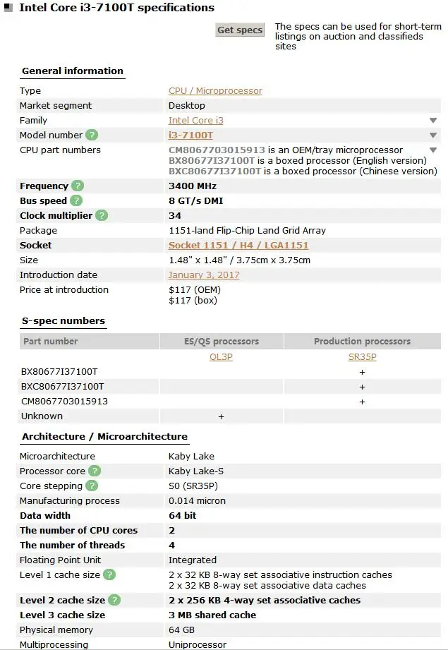 Intel Core i3-7100T Dual-core 3.4GHz 3MB Cache i3 7100T LGA 1151 35W CPU Desktop Processor tested 100% working | Компьютеры и офис