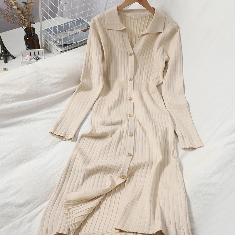 

Autumn Winter Turn-Down Collar Knitted Dress Women Elegant Golden Buttons Single Breasted Solid Blue/Pink Dresses Female 2020