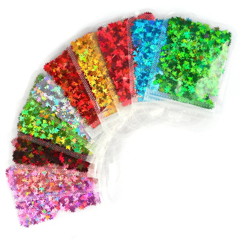1Bag Holographic Glitter Sequins Nail Art Maple Leaf Gold Red Laser Gradient Paillette Metallic Flake Nails Accessory