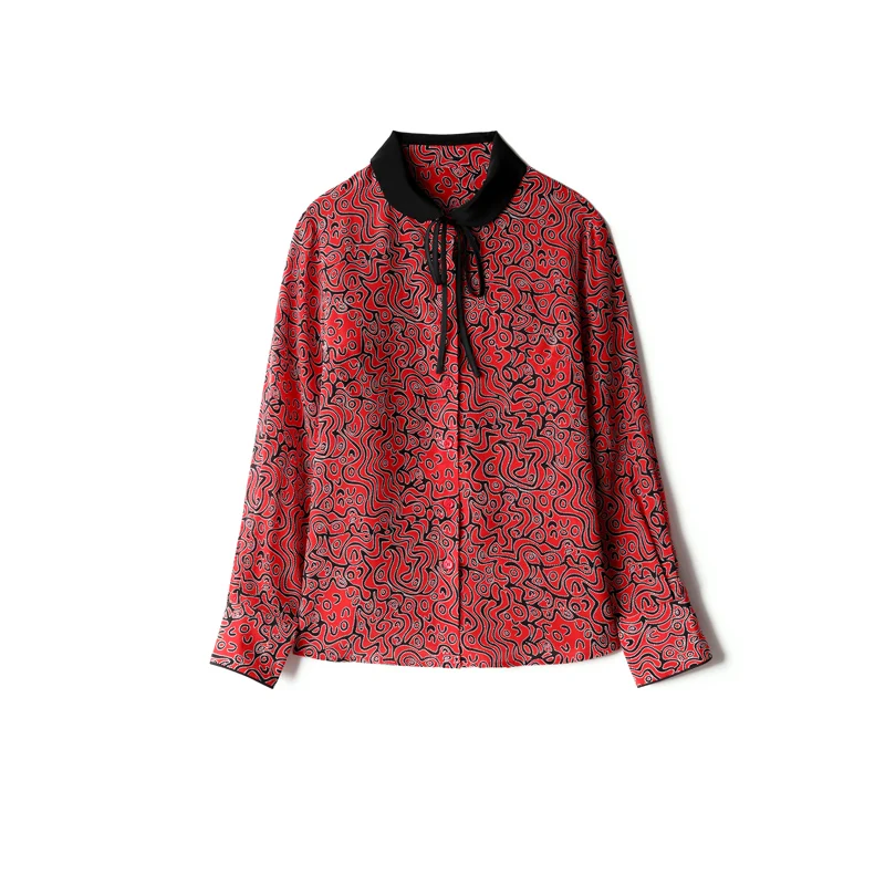 

100% Pure Silk Women's Runway Shirts Peter Pan Collar Printed Long Sleeves Lace Up Elegant Fashion Casual Shirts Blouses