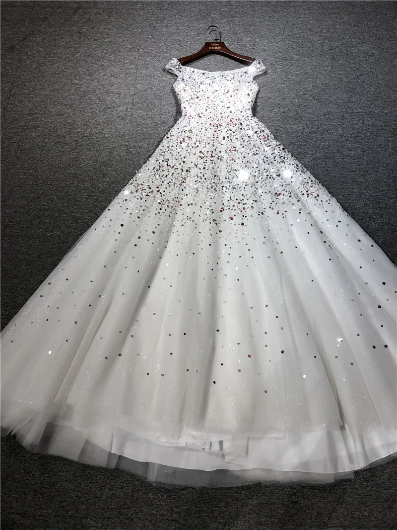 

100%Real Pictures Ivory Heavy Sequins Beads Boat Neck Sleeveless A-line Formal Party Prom Bridal Women Dance Evening Dresses