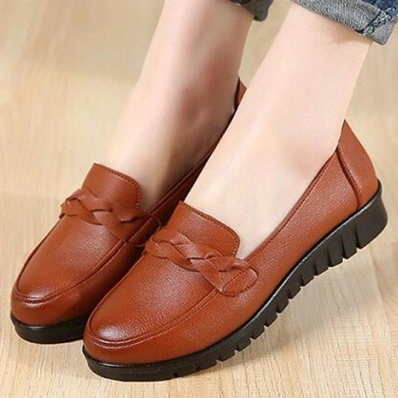 Women Genuine Split Leather Flat Loafers Shallow Round Toe Black Ballet Ballerina Nurse Slip on Mother Ladies Shoes Zapato Mujer | Обувь