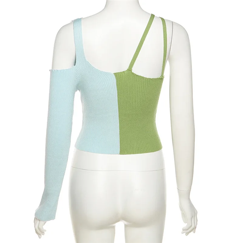 

Fashion Knitting Sling Sweater Vest Women Single Cuff Long Sleeve Cropped Patchwork Tee Tops Hipster Wild Clubwear Summer Outfit