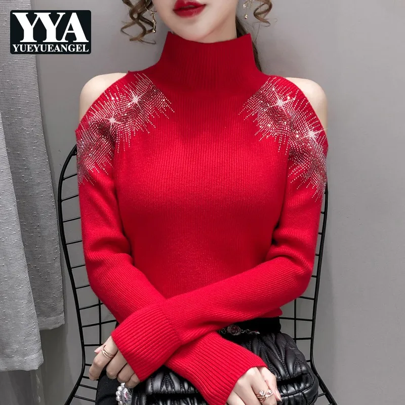 

Свитер с воротником-хомутом, женские дизайнерские топы с открытыми плечами и длинными рукавами со стразами, однотонный офисный женский тон...