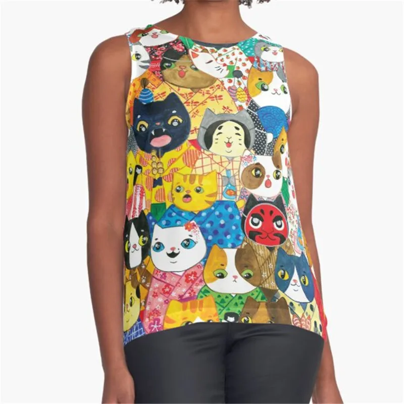 

Women Vintage Sleeveless T Shirt black cat and plant Printed Summer O-neck tank tops Harajuku Pullover Vest Lady Tee Shirt tops