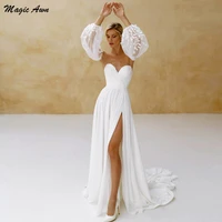 magic awn white chiffon boho wedding dresses thigh split detachable puff sleeve lace appliques beach a line simple bride dress