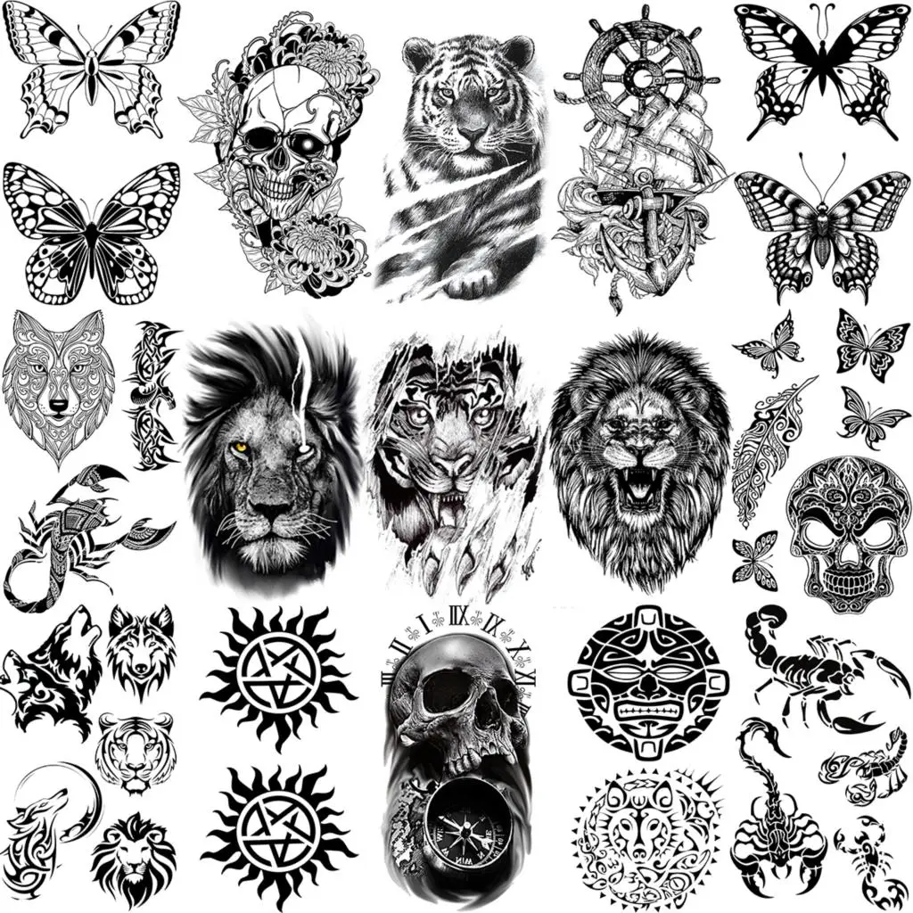 

Realistic Tiger Lion Temporary Tattoos For Women Adult Men Kids Butterfly Tatoo Thorns Anchor Skull Scorpion Fake Tattoo Small