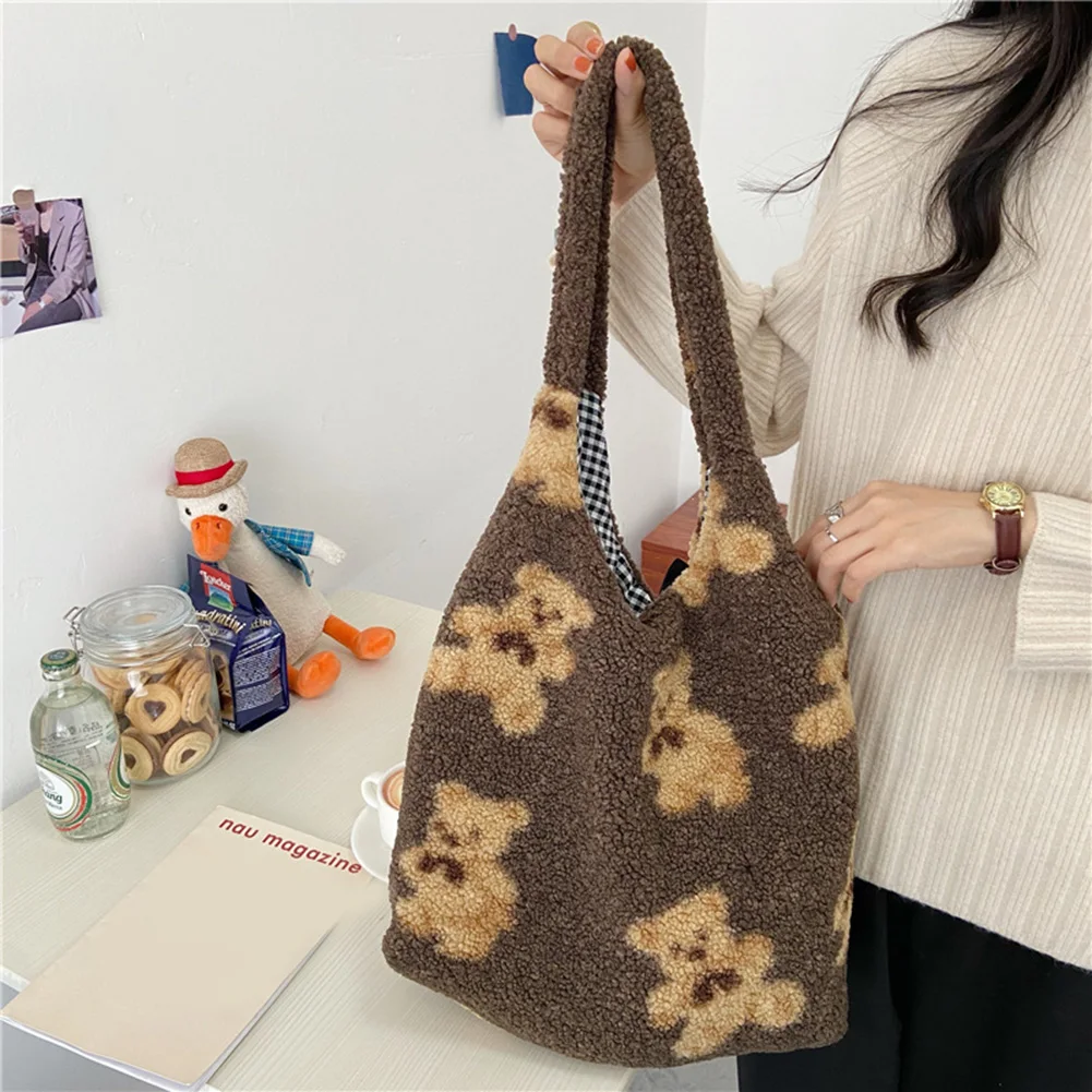 

Portable Large Capacity Women Shoulder Bag Cartoon Bear Print Fleece School Tote Popular Simple Female Daily Bag