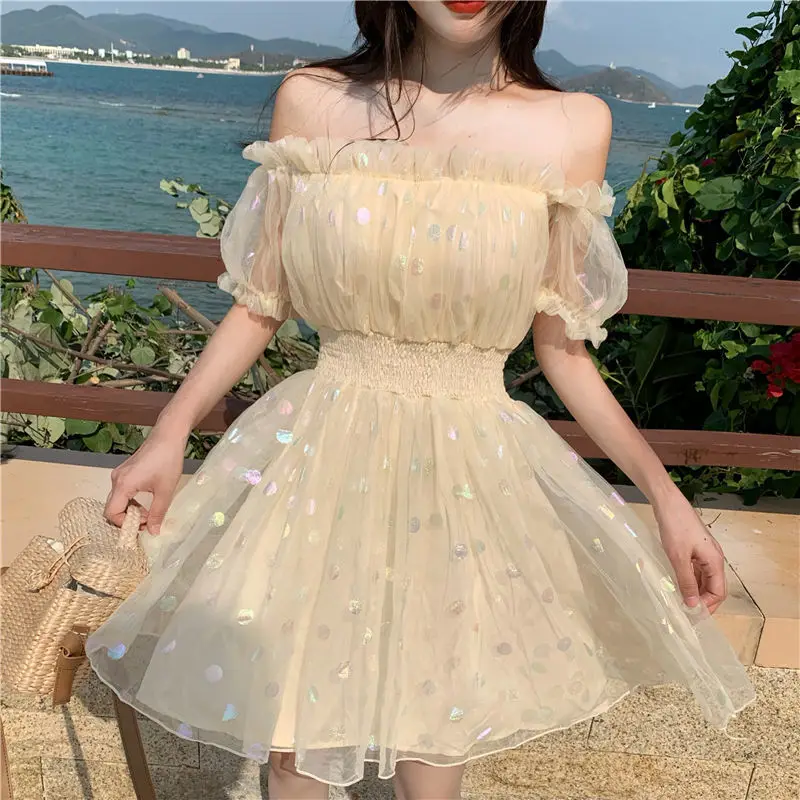 

White Fairy Dress Women Elegant Off Shoulder Sequin Party Mini Dress Female Casual Korean Japan Style Kawaii Summer Dress 2021