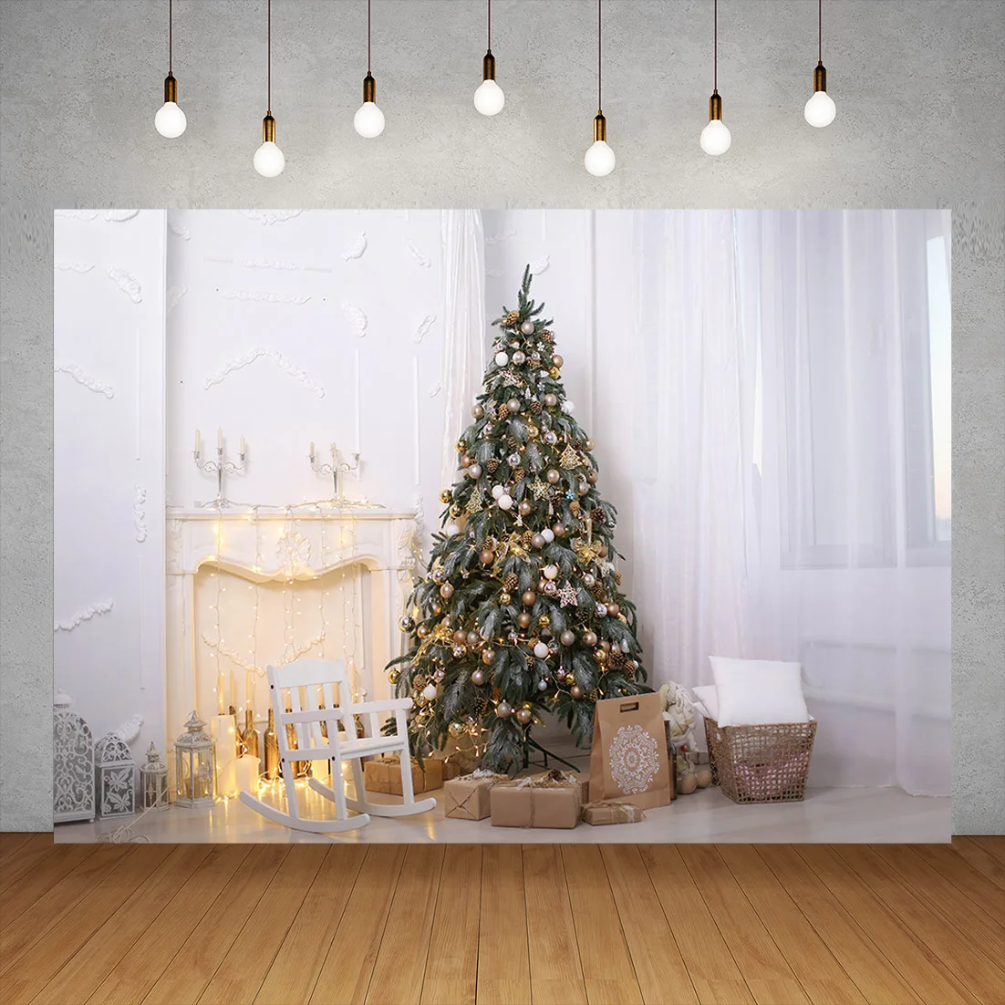 

Christmas Party Photo Backdrop Fir Baubles Fireplace Presents Children Baby Family Photography Background For Photophone Studio