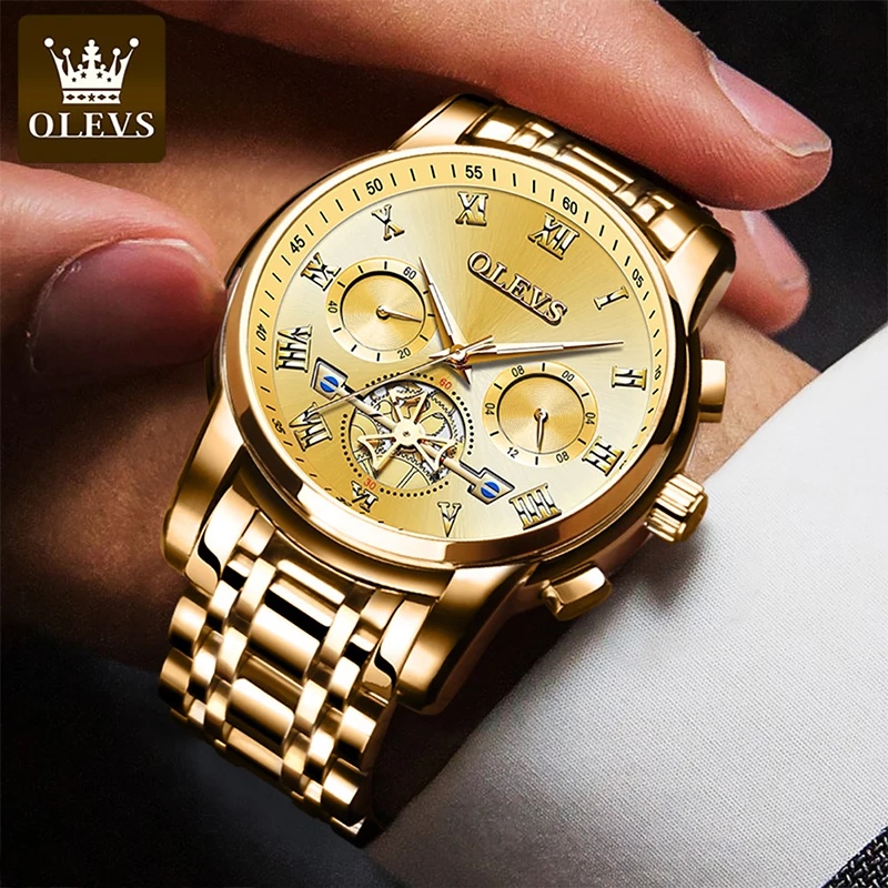 

OLEVS 2022 New Men Quartz Watch Luxury Gold Strap Fashion Waterproof Fake Flywheel Men's Watches Men Clock Luminous Hands 2859